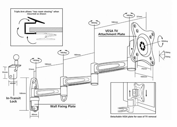 VP Triple Arm TV Wall Bracket – HEAVY DUTY - Image 3